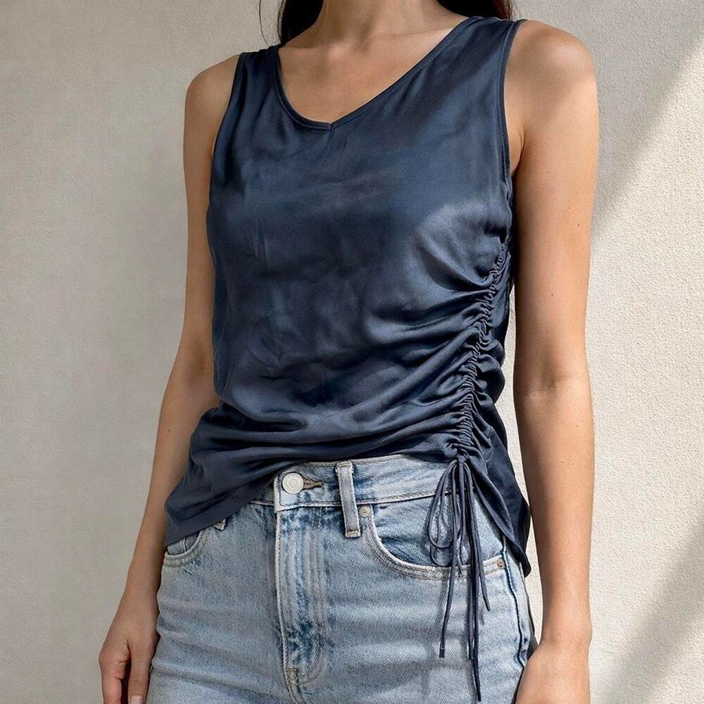 Vintage Cinq à Sept French 100% Silk Slate Blue Ruched Asymmetrical Tank Top XS